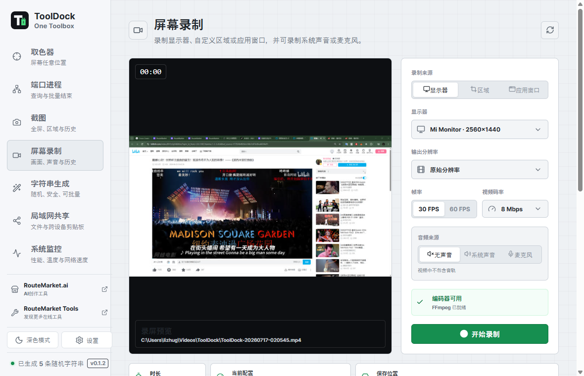 ToolDock screen recorder with live preview